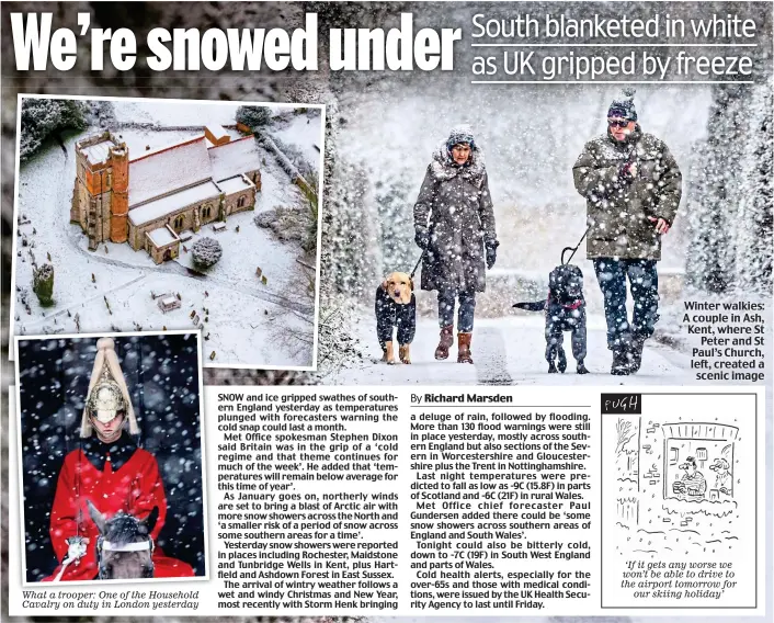  ?? ?? Winter walkies: A couple in Ash, Kent, where St Peter and St Paul’s Church, left, created a scenic image