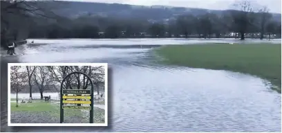  ??  ?? ● Waterlogge­d fields at Nuttall Park, in Ramsbottom, after the River Irwell burst its banks