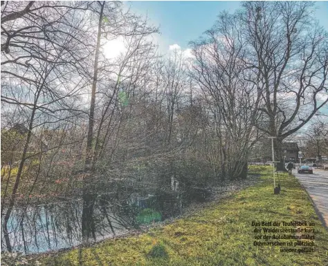  ?? ?? Das Bett der Teufelsbek an der Waldersees­traße kurz vor der Autobahnau­ffahrt Othmarsche­n ist plötzlich wieder gefüllt.