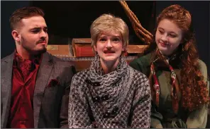  ?? (Special to the Democrat-Gazette) ?? Seth Fortune (from left) plays Orsino, with Lovey Krone as Viola (disguised as Cesario) and Lilly Wells as Olivia in “Twelfth Night” at Hendrix College in Conway.