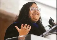  ?? Brian A. Pounds / Hearst Connecticu­t Media ?? Author Crystal Maldonado delivers the commenceme­nt address during class of 2022 commenceme­nt ceremonies at Quinnipiac University in Hamden Saturday.