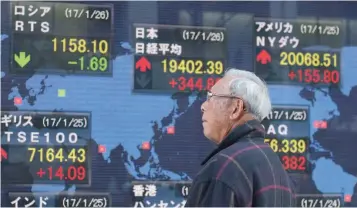 ?? — AFP ?? A pedestrian looks at an electronic quotation board flashing stock prices on the Nikkei key index of the Tokyo Stock Exchange in Tokyo on Thursday.
