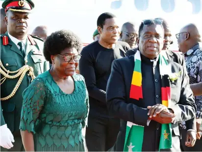  ?? — Picture: Eliah Saushoma ?? President Mnangagwa arrives in Bulawayo yesterday ahead of today’s meeting with chiefs at State House. He was received by the Minister of State for Bulawayo Provincial Affairs and Devolution Cde Judith Ncube (left) and senior party and Government officials.