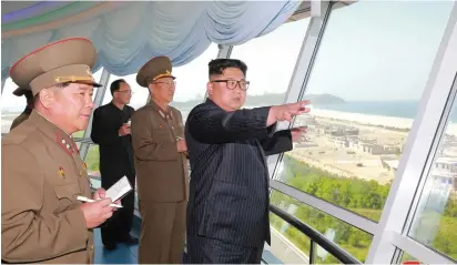  ?? (Reuters) ?? NORTH KOREAN LEADER Kim Jong Un inspects the constructi­on site of the Wonsan-Kalma coastal tourist area in this undated photo released by KCNA.