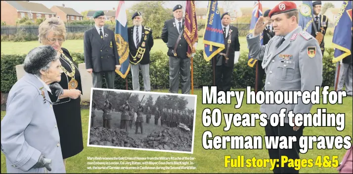  ??  ?? Mary Reid receives the Gold Cross of Honour from the Military Attache of the German Embassy in London, Col Jörg Rütten, with Mayor, Coun Doris MacKnight. Inset, the burial of German servicemen in Castletown during the Second World War.