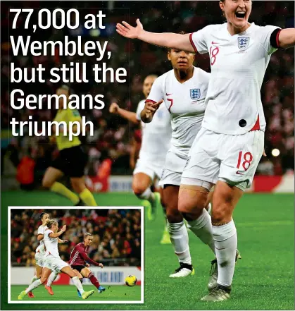  ??  ?? WHITE HOT: Ellen White celebrates her equaliser, but England were left heartbroke­n when Germany’s Klara Buhl struck a late winner (inset left)