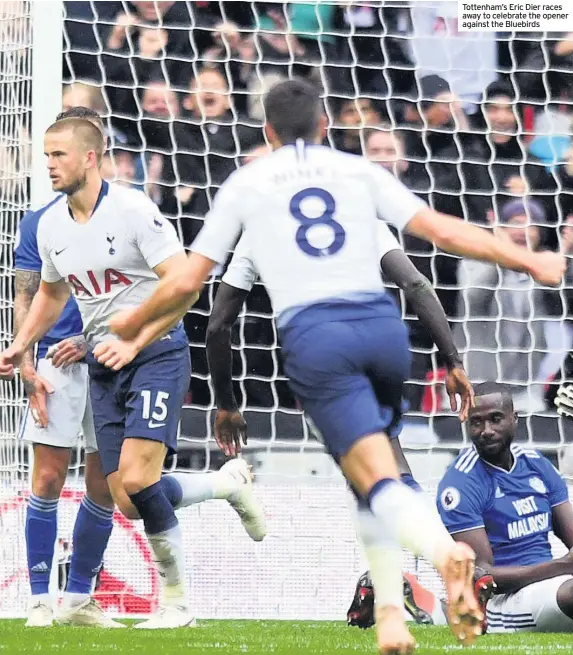  ??  ?? Tottenham’s Eric Dier races away to celebrate the opener against the Bluebirds