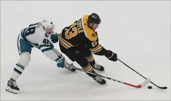  ?? STAFF PHOTO BY NANCY LANE — BOSTON HERALD ?? Boston Bruins center Charlie Coyle skates past San Jose Sharks center Tomas Hertl during the third period of the game at the TD Garden on January22, 2023 in Boston, MA.