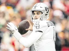  ?? JAY BIGGERSTAF­F USA TODAY NETWORK ?? Raiders quarterbac­k Aidan O’Connell, 25, completed 62.1 percent of his passes for 2,218 yards, 12 touchdowns and seven intercepti­ons in 11 games last season after being a fourth-round pick out of Purdue.