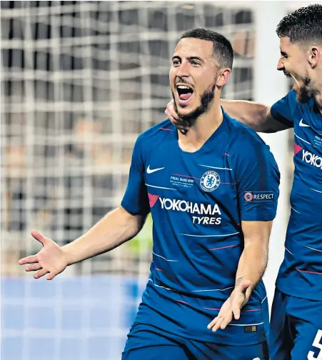  ??  ?? Final flourish: Eden Hazard (above left) scored twice in Baku, but is now set to leave, along with Maurizio Sarri (left)