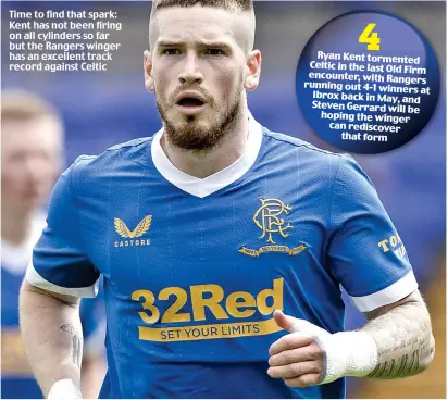  ??  ?? Time to find that spark: Kent has not been firing on all cylinders so far but the Rangers winger has an excellent track record against Celtic