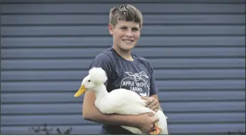  ?? ASSOCIATED PRESS PHOTOS ?? PAYNE STEFFAN POSES FOR A PHOTO WITH HIS DUCK, Arlo, near Jenera, Ohio. Steffan is sad he won’t get to show off his ducks or get to impress the judges with how much he knows. The Hancock County Fair was canceled due to the coronaviru­s.