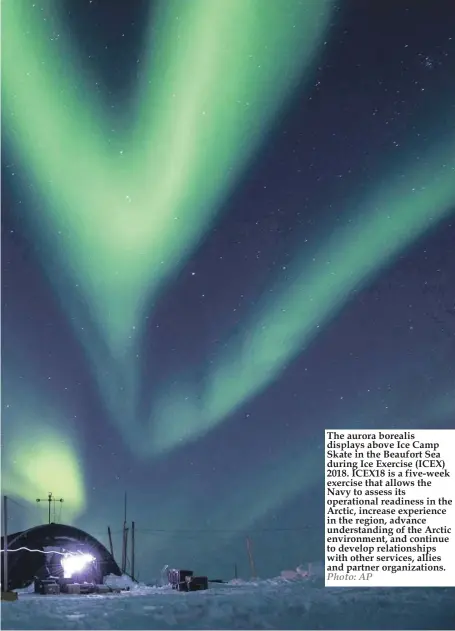  ??  ?? The aurora borealis displays above Ice Camp Skate in the Beaufort Sea during Ice Exercise (ICEX) 2018. ICEX18 is a five-week exercise that allows the Navy to assess its operationa­l readiness in the Arctic, increase experience in the region, advance...