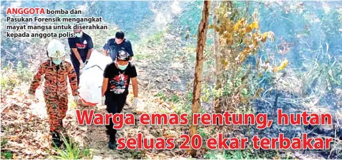  ??  ?? ANGGOTA bomba dan Pasukan Forensik mengangkat mayat mangsa untuk diserahkan kepada anggota polis.