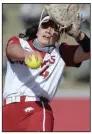  ?? (NWA Democrat-Gazette/ Andy Shupe) ?? Arkansas junior pitcher Mary Haff, who had been dealing with shoulder soreness, earned a win and two saves to help the No. 10 Razorbacks sweep No. 20 Georgia. “She was the old Mary this weekend,” Arkansas Coach Courtney Deifel said.