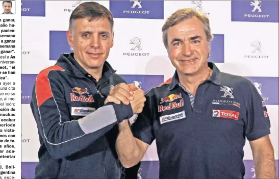  ??  ?? EQUIPO. Lucas Cruz y Carlos Sainz quieren acabar con una victoria española la era Peugeot en el Dakar. El rally empieza el 6 de enero.