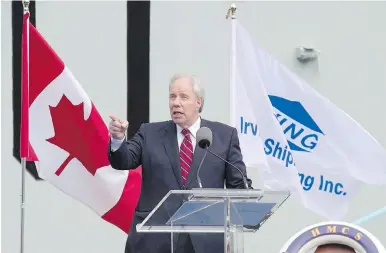  ??  ?? James Irving of Irving Shipbuildi­ng address a crowd at the naming ceremony for Canada's lead Arctic and Offshore Patrol Ship, the future HMCS Harry DeWolf, in Halifax on Oct. 5.