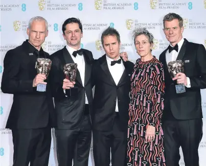  ?? Pictures: PA. ?? Left: Martin McDonagh, Pete Czernin, Sam Rockwell, Frances McDormand and Graham Broadbent with some of the Baftas won by Three Billboards Outside Ebbing, Missouri. Top right: Alison Janney with her Best Supporting Actress award. Above right: Gary...