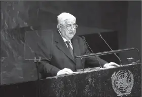  ?? AP/JASON DeCROW ?? Syria’s Foreign Minister Walid al-Moallem said Friday in his United Nations address that Russian bombing of targets in Syria was requested by the government to support Syria’s fight against terrorism.