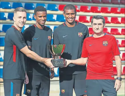  ??  ?? Las cuatro caras nuevas del Gamper Valverde, junto a Deulofeu (que ya lo jugó estando en el Barça B), Semedo y Marlon FOTO: FCB