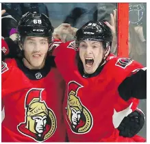  ?? FRED CHARTRAND/THE CANADIAN PRESS ?? Matt Duchene, at right with Mike Hoffman, has scored four goals and seven points in his past seven games. The Senators are 4-2-1 during that span.