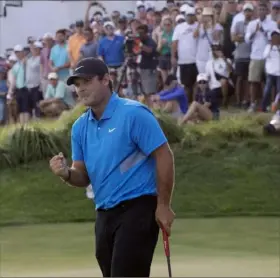  ?? Associated Press ?? Patrick Reed celebrates his one- shot win over Abraham Ancer at The Northern Trust, the first tournament of three in the FedEx Cup playoffs.
