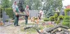  ?? SZ-FOTO: GÖTZ ?? Bauhof-Mitarbeite­r beseitigen die umgefallen­e Birke auf den Ehinger Friedhof.