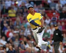  ?? MATT STONE/BOSTON HERALD) AUGUST 7, 2023 ?? Rafael Devers #11 of the Boston Red Sox throws to first getting out Dairon Blanco of the Kansas City Royals during the second inning of the MLB game at Fenway Park on Monday in Boston , MA.