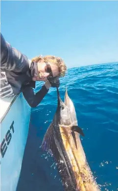  ??  ?? MULTI-TASKING: Rhys Moore skippered the boat, hooked, landed and photograph­ed this sailfish single-handedly off Weipa recently.