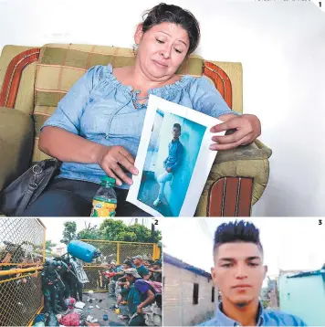  ?? FOTOS: AFP/EL HERALDO ?? (1) Leticia Reyes, tía de Henry Díaz, sostiene en sus manos una imagen del fallecido. (2) Momento en que los hondureños intentaron ingresar a suelo mexicano. (3) Foto en vida de Henry Adalid.