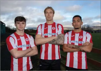  ??  ?? Niall Morahan, Teemu Penninkang­as and Will Seymore model the brand new Sligo Rovers home kit.