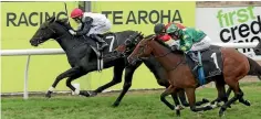  ?? Photo: TRISH DUNELL ?? Perfect Fit, ridden by Michael Coleman, wins the $200,000 New Zealand Thoroughbr­ed Breeders’ Stakes at Te Aroha yesterday