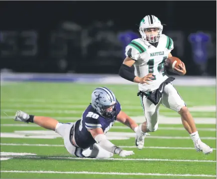  ?? TIM PHILLIS — FOR THE NEWS-HERALD ?? Mayfield QB Michael Huss evades a Kenston defender last season. Huss will enter his fourth year as Mayfield’s starting quarterbac­k this fall.