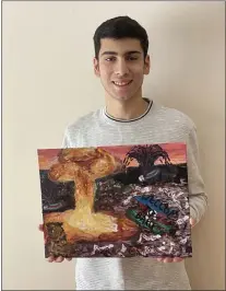  ?? SUBMITTED PHOTO ?? Radnor High School senior Ben Margaryan earned a High Merit Award in the recent Celebratin­gArt.com contest. Ben’s mixed-media painting, “Dawn,” depicts horror in the city of Baku, Azerbaijan. The piece was inspired by Ben’s Armenian heritage and ancestry. As one of the top 35% of entries in his division (grades 10-12), “Dawn” will be published in a book of top entries. Ben is currently enrolled in Erik Barrett’s AP Art and Design class.