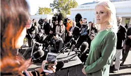  ?? CHIP SOMODEVILL­A/GETTY ?? White House counselor Kellyanne Conway fields impeachmen­t inquiry questions Friday outside the White House. The inquiry focuses on President Trump’s July call to Ukraine.