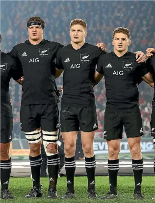  ?? PHOTO: GETTY IMAGES ?? The Barrett brothers Scott, left, Jordie and Beauden, pictured singing the national anthem before the third test between the All Blacks and the British and Irish Lions at Eden Park, appeared in two tests together last year.