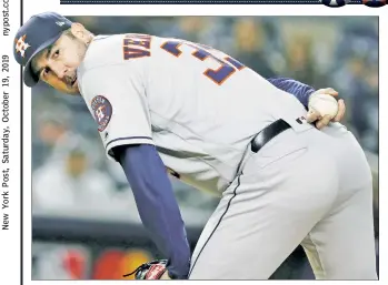  ?? EPA ?? SEE YA: Justin Verlander gave up just five hits in seven innings, but gave up four runs in the first inning, digging a 4-1 hole the Astros couldn’t climb out of.
