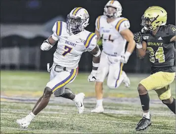  ?? Photo courtesy Bill Ziskin / Ualbany athletics ?? Cornerback Jarren Williams (7) made an impact in his home debut against Bryant on Saturday, returning an intercepti­on 63 yards for a touchdown in Ualbany’s 45-3 victory.