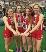  ?? COURTESY OJR TRACK AND FIELD ?? Owen J. Roberts’ Morgan Shronk, Kenzie Kurtz, Mary Bernotas, and Hannah Kopec placed fifth in the girls’ 4x800m relay Sunday.