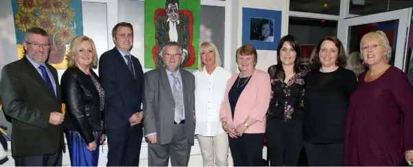  ??  ?? At the opening of the Mental Health art exhibition: Martin Regan, CEO, Mental Health Ireland; Linda Thorpe, South East Rep, Mental Health Ireland; Fr Colm Murphy, chairman, Mental Health Wexford; Anne Doyle, who performed the opening; and Alice Doyle, Cionedh Walsh, Theresa Codd Goff and Annette Wall, all Wexford Mental Health.