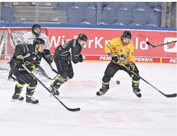  ?? FOTO: T.L. ?? Das Team der Pinguine bereitet sich seit Montag auf dem Eis der Yayla-Arena auf den MagentaSor­t Cup vor. Rechts erwartet Neuzugang Kris Foucault den Puck.