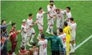  ??  ?? Goran Pandev receives a guard of honour from his teammates after being substitute­d on his final appearance for North Macedonia. Photograph: Hollandse Hoogte/Rex/Shuttersto­ck