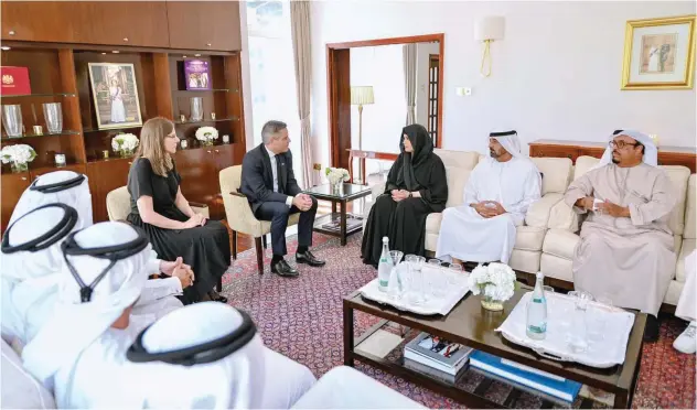  ?? ?? ↑ Ahmed Bin Saeed and Latifa Bint Mohammed visit the British Consulate in Dubai to offer condolence­s on the death of Queen Elizabeth.