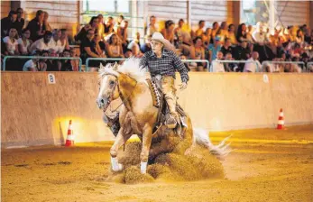  ?? FOTO: BJÖRN KUHLE ?? Bei den Landesmeis­terschafte­n im Westernrei­ten zeigten die Reiter und ihre Pferde sportliche Höchstleis­tungen: zum Beispiel den Stopp aus vollem Galopp.