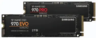  ??  ?? An M.2 NVME SSD such as the relatively affordable and very fast (except for extremely large transfers) Samsung 970 EVO can live in an M.2/PCIE slot, or in a regular PCIE slot (x4 or greater) by means of a cheap adapter card.