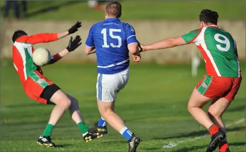  ??  ?? GREAT STOP: Mark McEneaney makes an important stop for Sean McDermott’s as Barry O’Hare of Roche Emmets shoots.