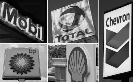  ?? REUTERS ?? A combinatio­n of file photos shows the logos of five of the largest publicly traded oil companies; BP, Chevron, Exxon Mobil, Royal Dutch Shell, and Total.