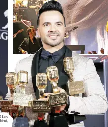  ??  ?? Taylor Swift holds her awards for Top Female Artist and Top Selling Album. • (Right) Luis Fonsi holds his awards forTop Hot 100 Song,Top Collaborat­ion,Top Steaming Song (Video), Top Selling Song and Top Latin Song. • (Top right) Kelly Clarkson performs.