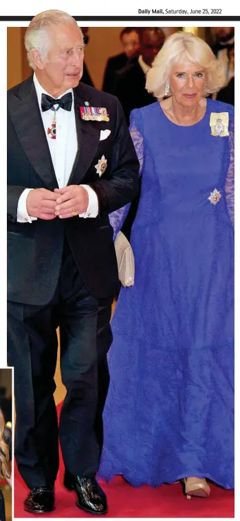  ?? ?? Red carpet: Charles and Camilla arrive at a heads of government dinner last night, where they were joined by Boris and Carrie Johnson, left