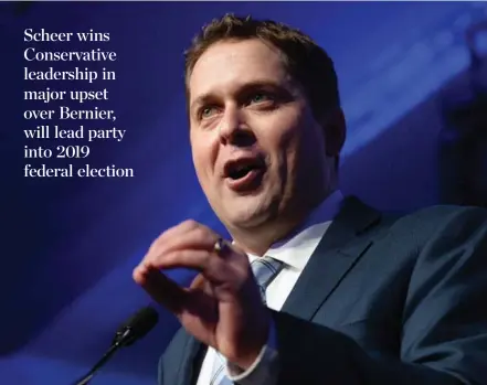  ?? FRANK GUNN/THE CANADIAN PRESS ?? Former Speaker of the House Andrew Scheer captured almost 51 per cent of the vote on the 13th ballot to defeat Maxime Bernier on Saturday night.